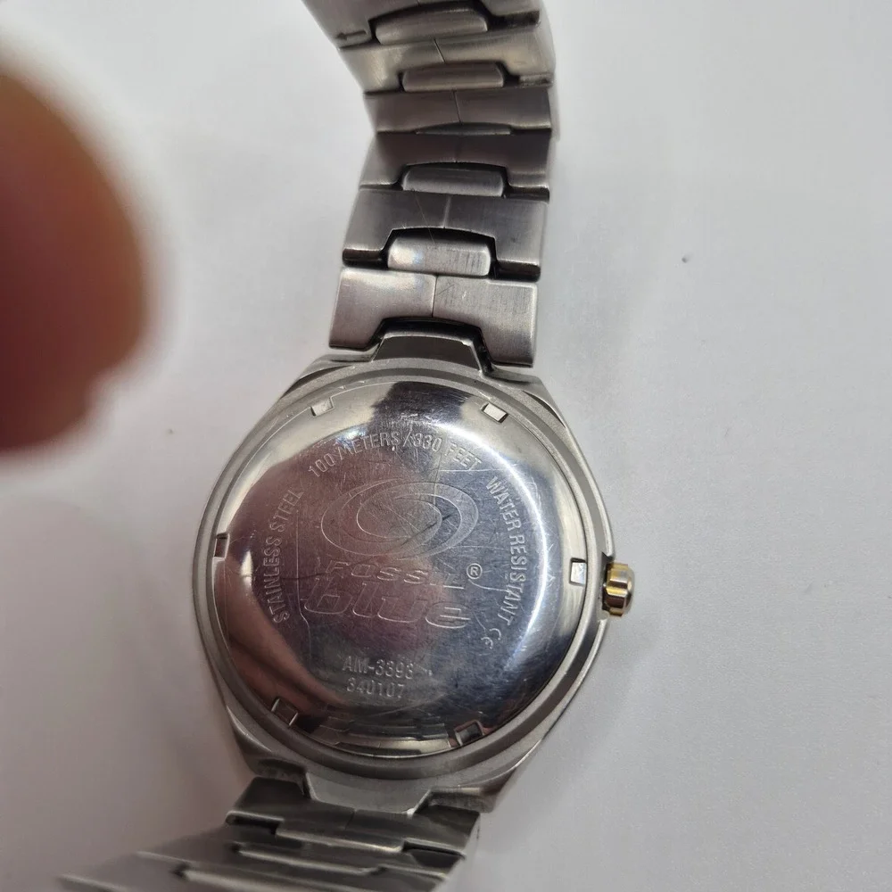 Fossil Blue Watch Mens Two Tone Stainless Steel Blue Dial Y2K Sport Need Battery